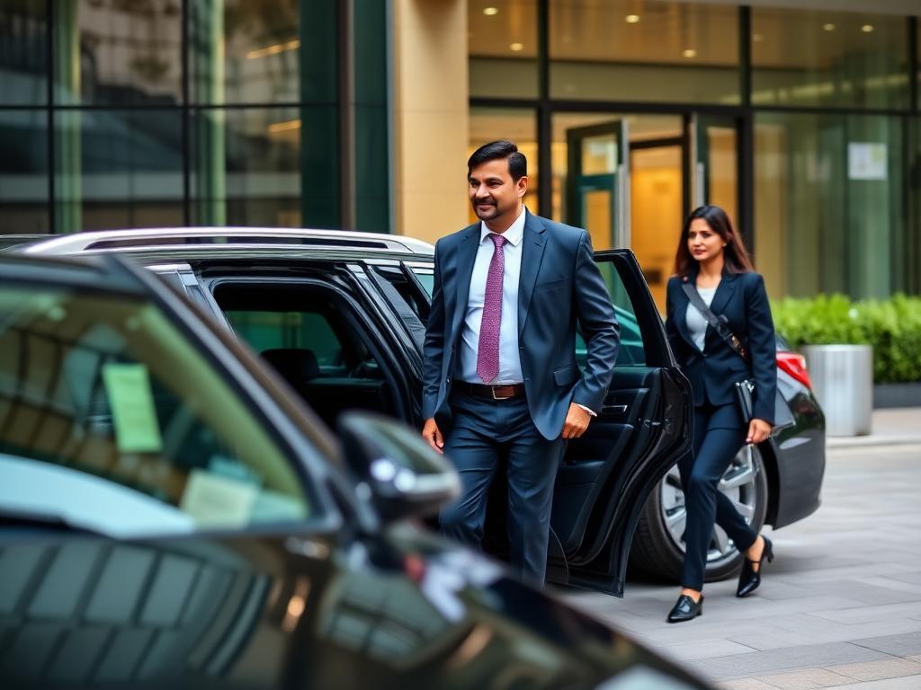 Corporate travellers stepping out of a chauffeured sedan