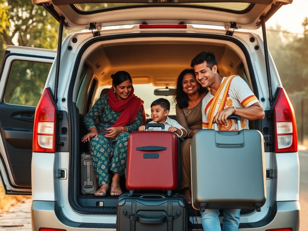 Indian family loading luggage into an MPV for a road trip