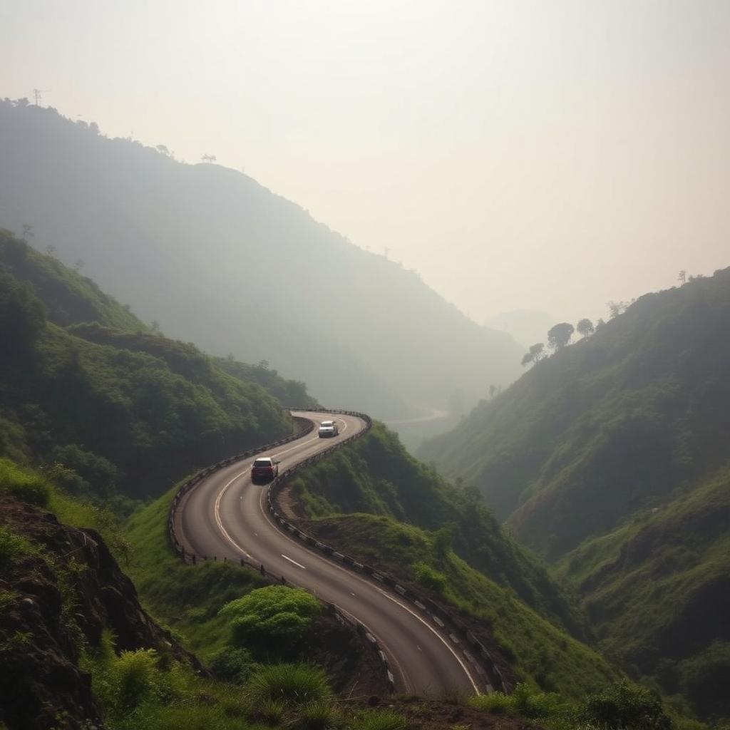 Scenic ghat highway winding through green hills in India