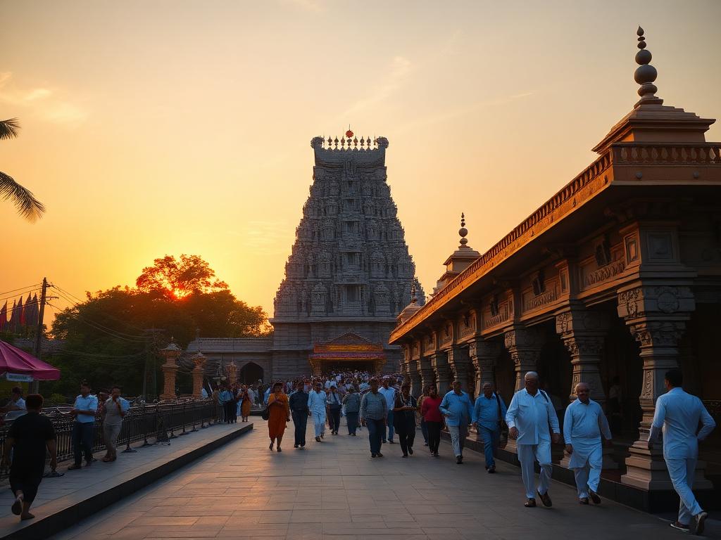 South Indian temple gopuram at sunset during a pilgrimage tour