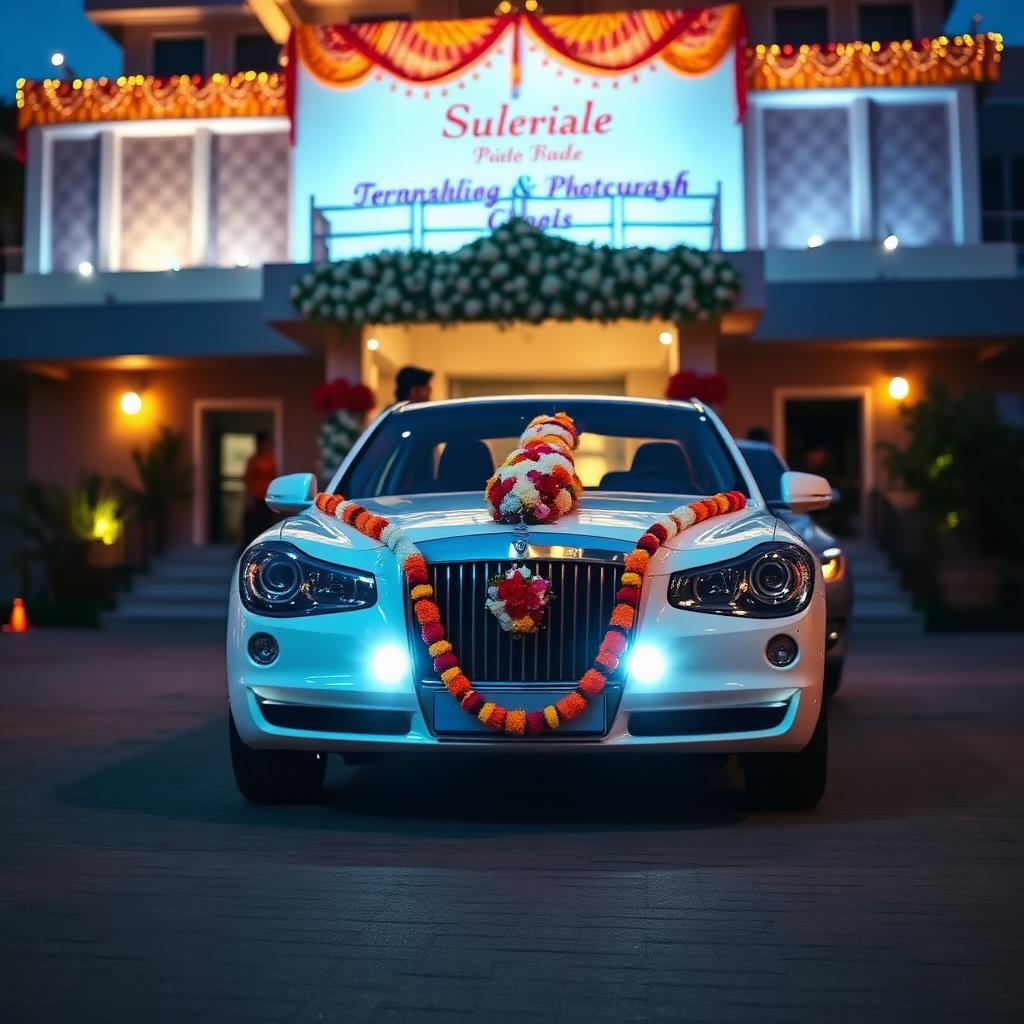 Flower-decorated wedding car outside an Indian wedding venue