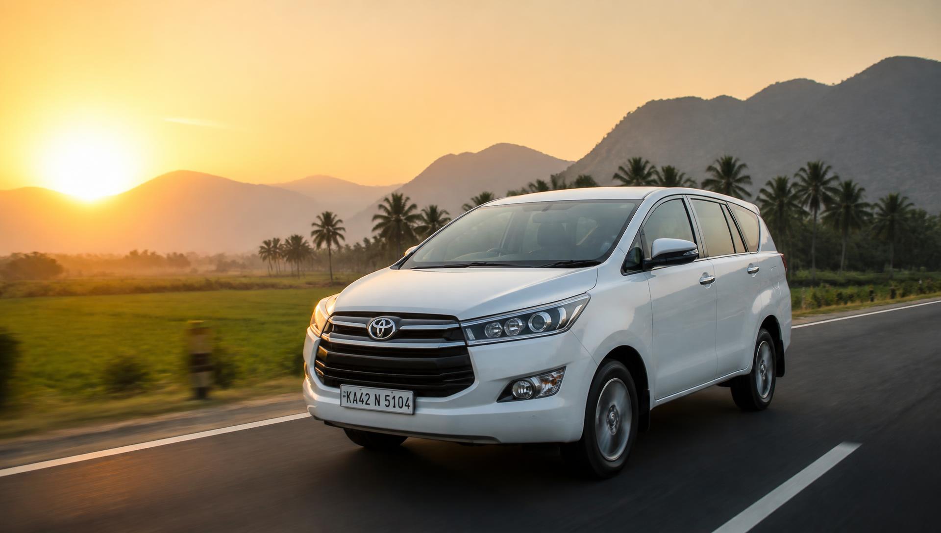 Toyota Innova Crysta driving on a scenic Indian highway at sunrise